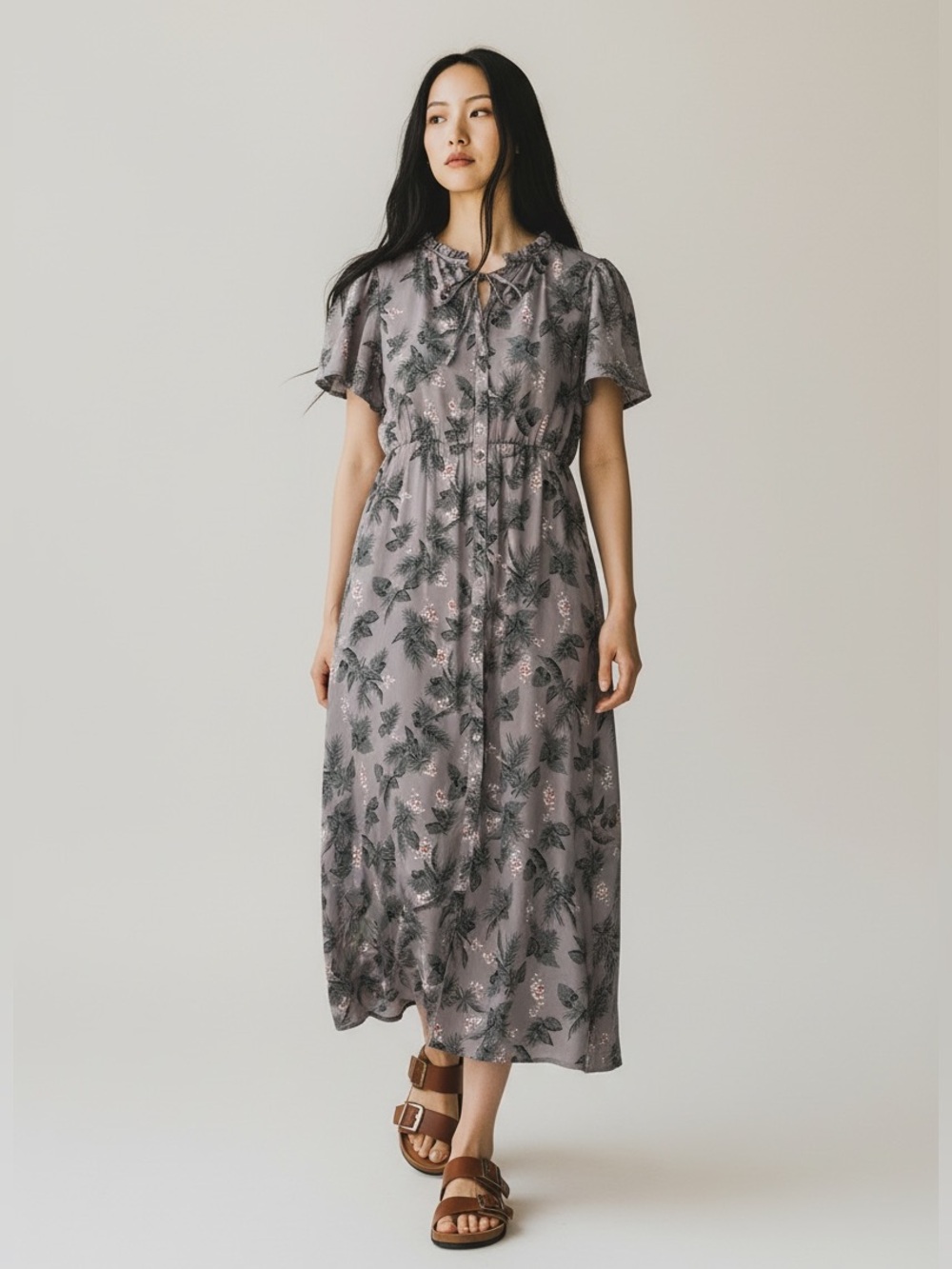 Roolee Gray Floral Button Front Maxi Dress Size L